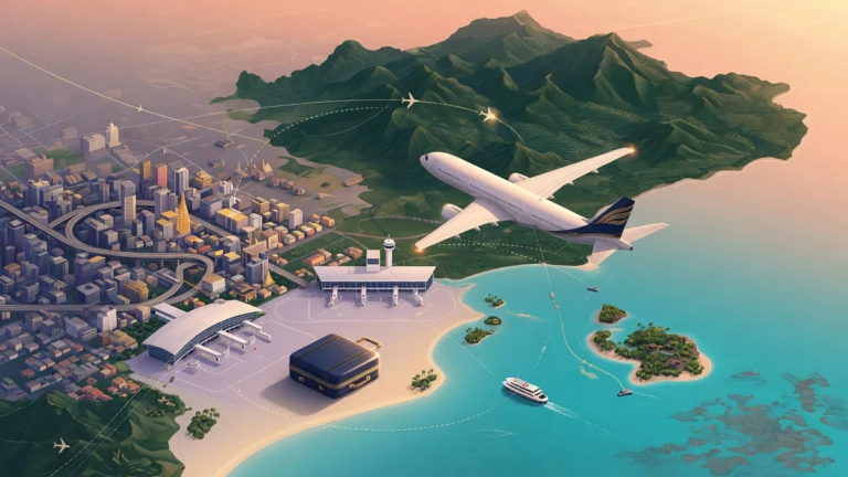 Illustration of a domestic flight route over Thailand connecting Bangkok, northern mountains, southern islands, luggage, airp