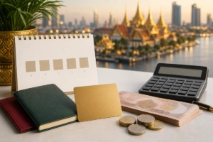 Image éditoriale montrant des documents de voyage, une carte dorée, de l'argent thaïlandais et un calculateur pour symboliser