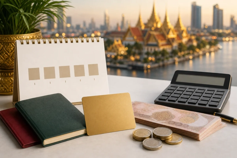 Image éditoriale montrant des documents de voyage, une carte dorée, de l'argent thaïlandais et un calculateur pour symboliser