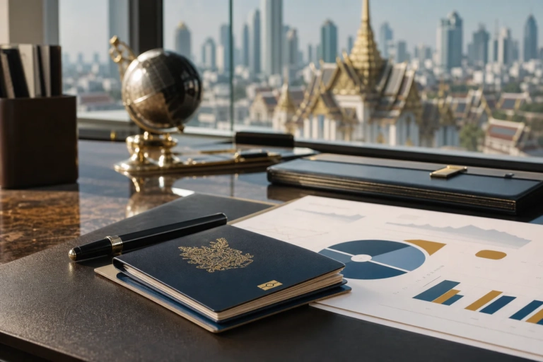 A premium desk scene with passport, financial documents, investment visuals, and a subtle Bangkok skyline representing Thaila