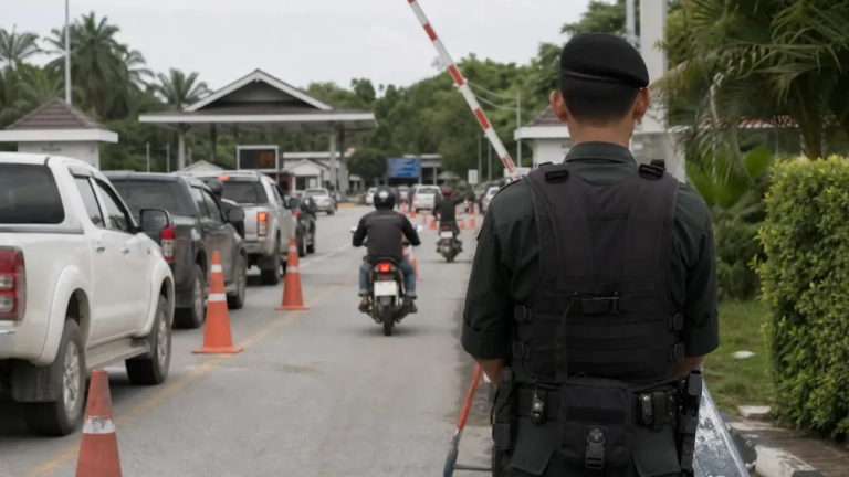 Policiers thaïlandais gardent la frontière de Sadao vers Malaisie