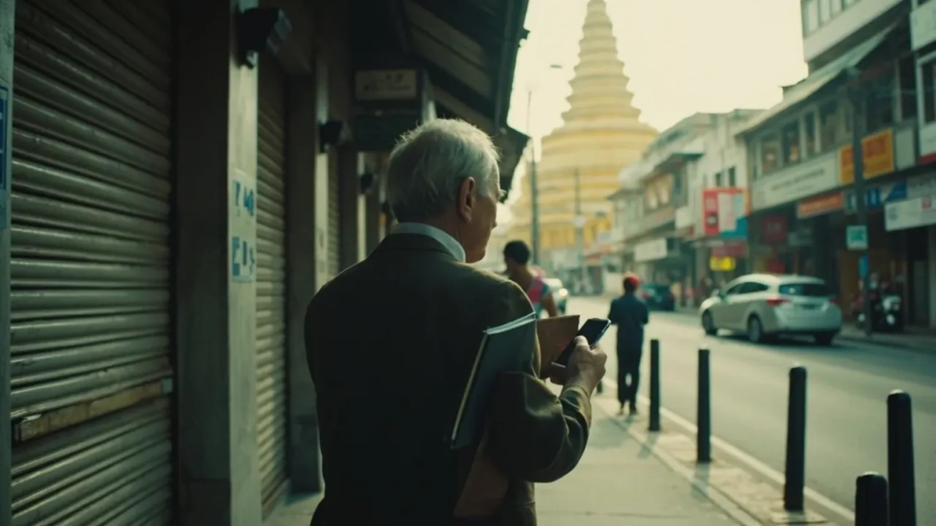 Résident français de dos attend devant banque close à Bangkok
