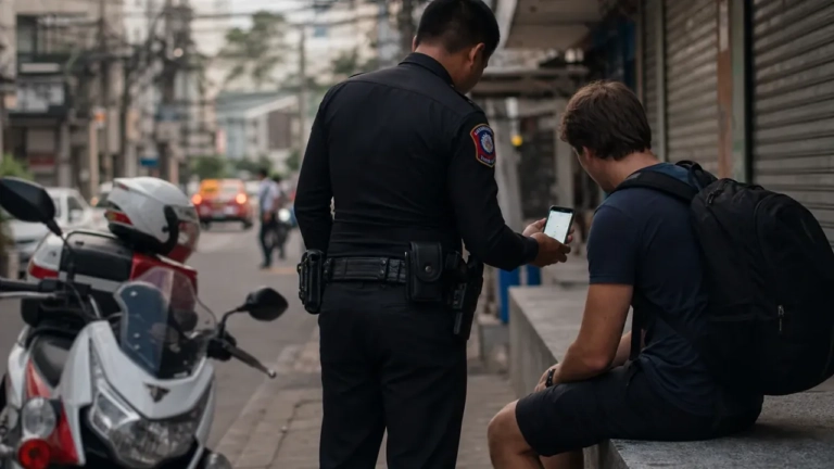 Policier touristique thaïlandais montrant son smartphone à un routard assis