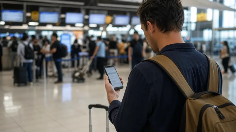 Voyageur de dos, valise, consulte son billet à l'aéroport