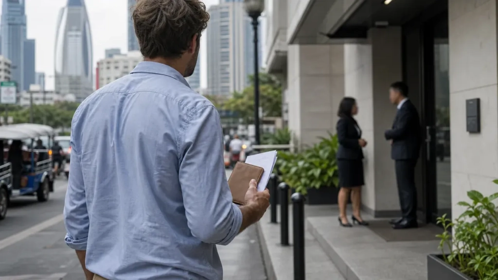 Expatrié français de dos attend au consulat de Bangkok