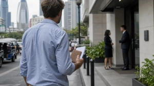 Expatrié français de dos attend au consulat de Bangkok