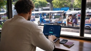 Voyageur de dos au coworking de Bangkok avec laptop et passeport