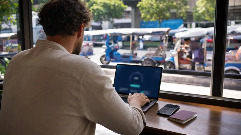 Voyageur de dos au coworking de Bangkok avec laptop et passeport