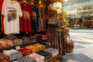 Étals de vêtements colorés dans un marché thaïlandais à Bangkok avec vue sur un centre commercial moderne en arrière-plan, il