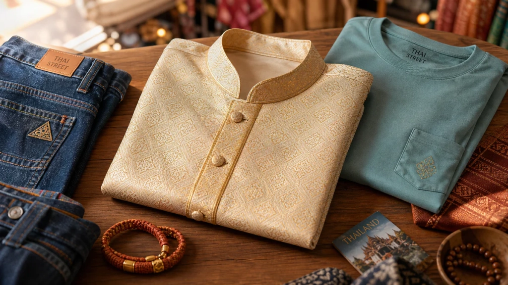 Flat-lay composition of curated Thai clothing items including silk garments with golden patterns, modern streetwear, and wove