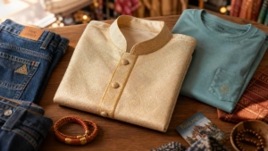 Flat-lay composition of curated Thai clothing items including silk garments with golden patterns, modern streetwear, and wove