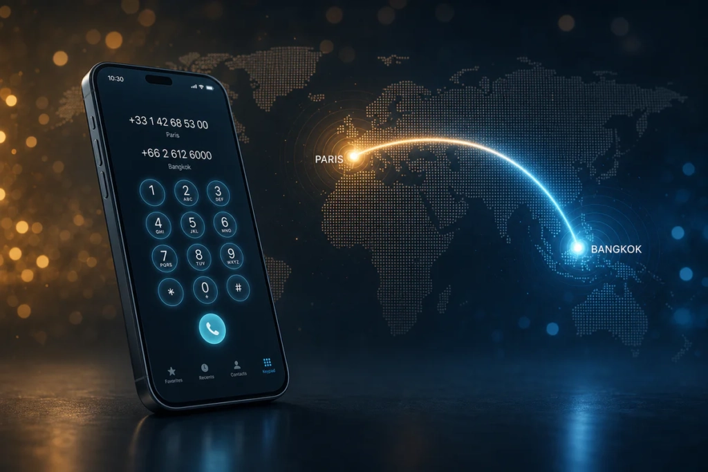 Modern smartphone with glowing keypad in foreground, stylized dotted world map in background showing a luminous signal arc co
