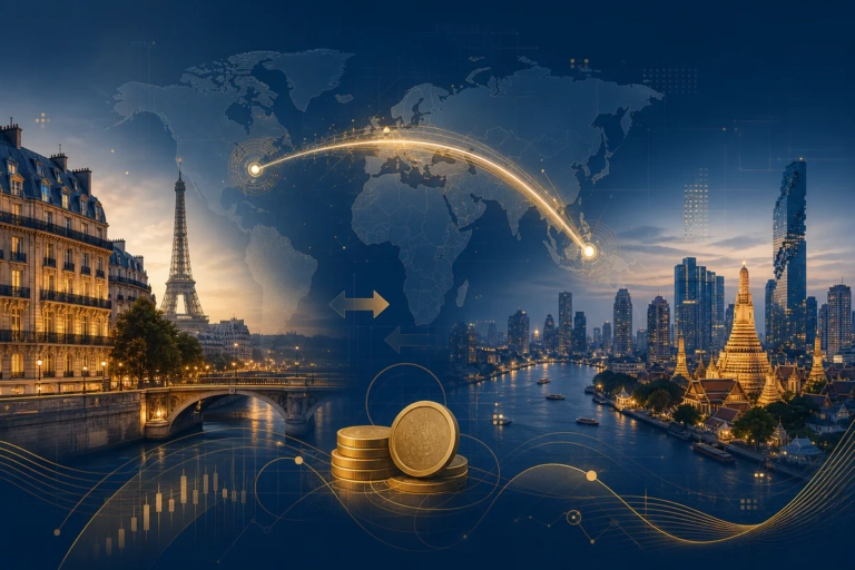 Illustration symbolisant les démarches bancaires entre la France et la Thaïlande, avec Paris et Bangkok reliées par un itinér