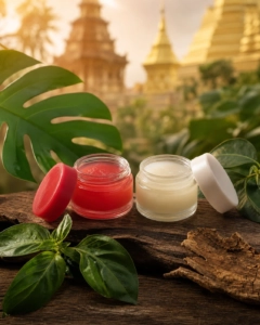 Two iconic round Tiger Balm jars side by side on a dark wooden surface, one with a red cap and one with a white cap, surround