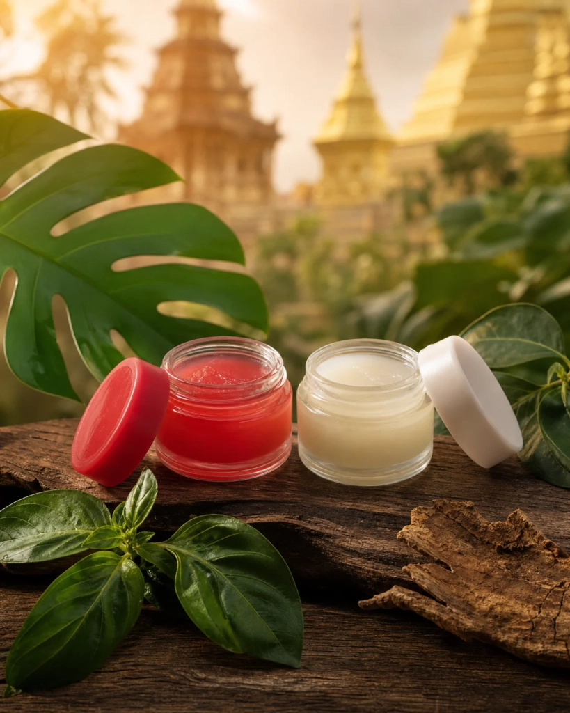 Two iconic round Tiger Balm jars side by side on a dark wooden surface, one with a red cap and one with a white cap, surround