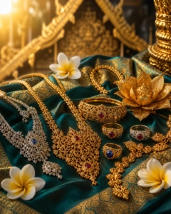 Composition élégante de bijoux thaïlandais en or et argent finement travaillés, disposés sur un tissu de soie émeraude et or,