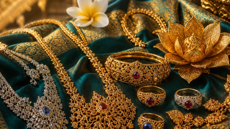 Composition élégante de bijoux thaïlandais en or et argent finement travaillés, disposés sur un tissu de soie émeraude et or,