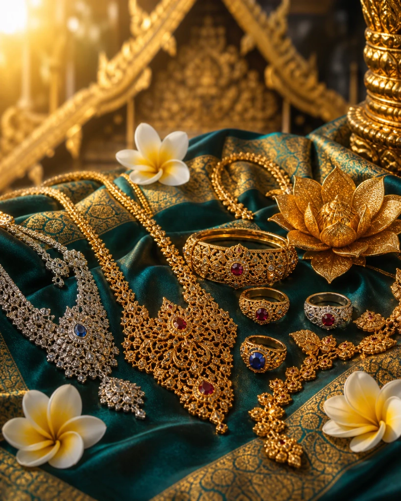 Composition élégante de bijoux thaïlandais en or et argent finement travaillés, disposés sur un tissu de soie émeraude et or,