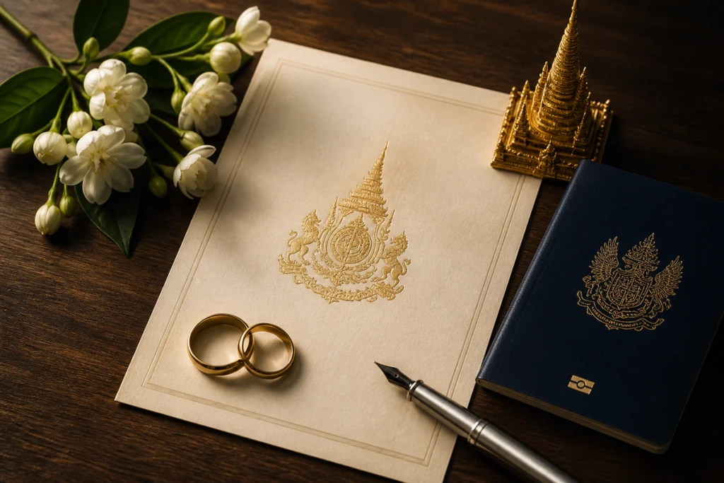 Flat-lay photograph of an official marriage document with embossed golden seal on a dark walnut desk, accompanied by intertwi