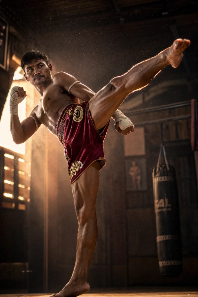 Photographie sportive dynamique d'un pratiquant de Muay Thai exécutant un coup de pied circulaire au ralenti dans un gymnase