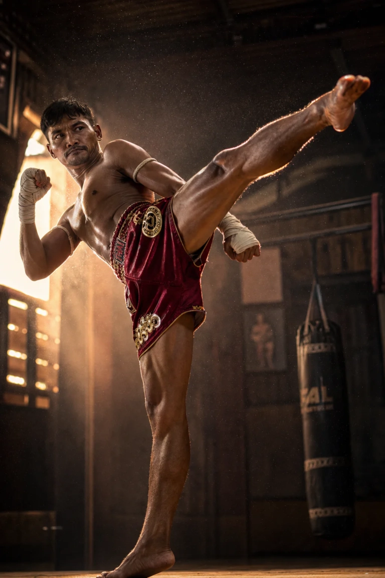 Photographie sportive dynamique d'un pratiquant de Muay Thai exécutant un coup de pied circulaire au ralenti dans un gymnase