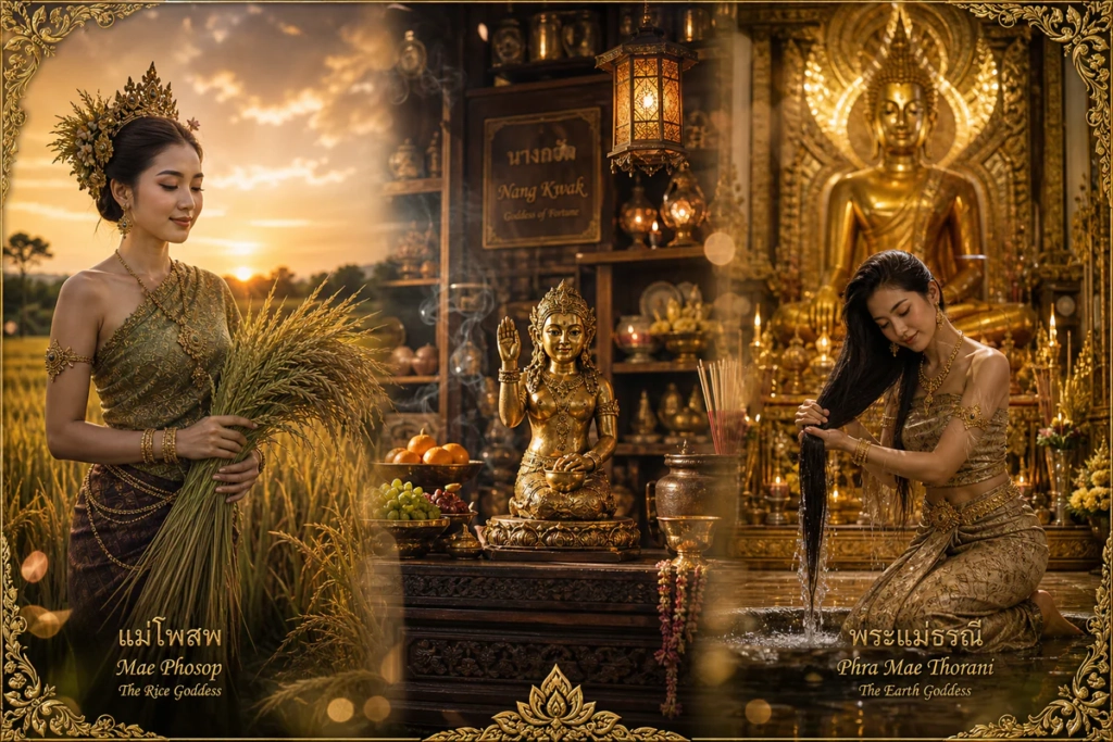 Triptych composition showing three distinct Thai female figures in their cultural contexts: a woman in a golden rice paddy re