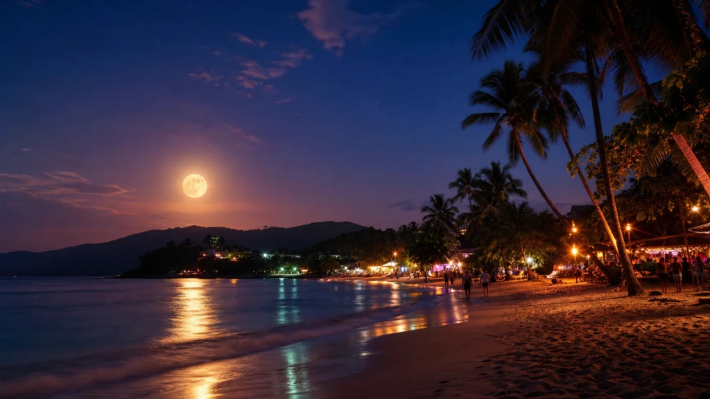 Vue nocturne d'une plage tropicale thaïlandaise sous un clair de lune lumineux, avec des silhouettes de palmiers, des lueurs