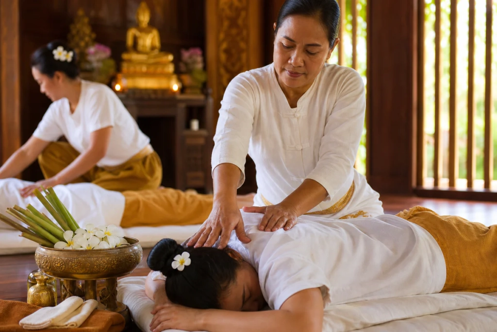 A Thai massage training session in Thailand showing an instructor demonstrating traditional Nuad Thai techniques on a client