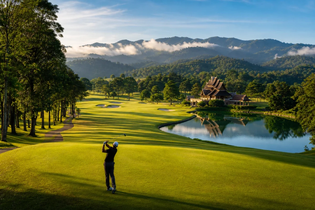 Vue aérienne d'un parcours de golf de championnat dans les collines verdoyantes au nord de Chiang Mai en Thaïlande, avec un c