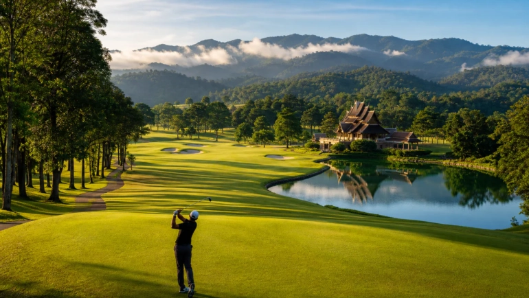 Vue aérienne d'un parcours de golf de championnat dans les collines verdoyantes au nord de Chiang Mai en Thaïlande, avec un c