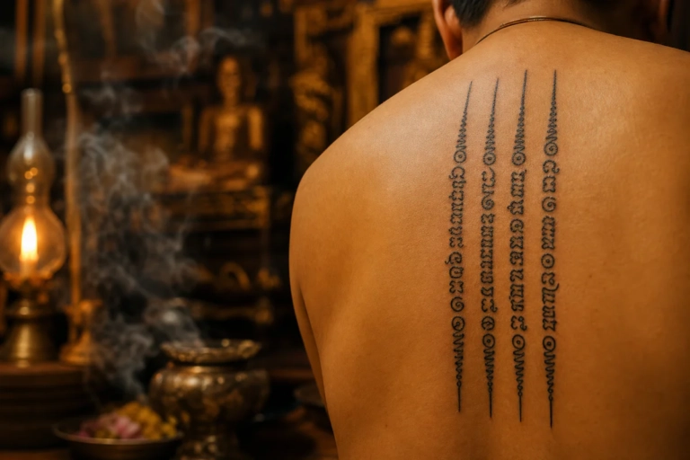 Close-up photograph of five vertical sacred lines of the Hah Taew Sak Yant tattoo inked in traditional Khmer script on skin,