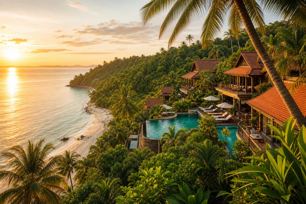 Vue aérienne d'un resort de luxe à Koh Samui avec villas privées et piscines dominant le golfe de Thaïlande au coucher du sol