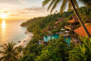 Vue aérienne d'un resort de luxe à Koh Samui avec villas privées et piscines dominant le golfe de Thaïlande au coucher du sol