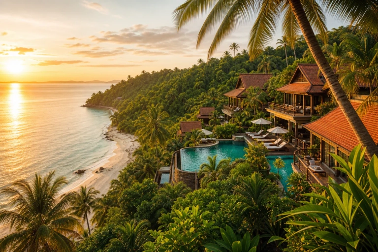 Vue aérienne d'un resort de luxe à Koh Samui avec villas privées et piscines dominant le golfe de Thaïlande au coucher du sol