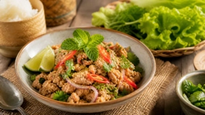 Bol de larb moo thaï à base de porc haché, d’herbes fraîches, de citron vert, de piment et de riz grillé, servi avec du riz g