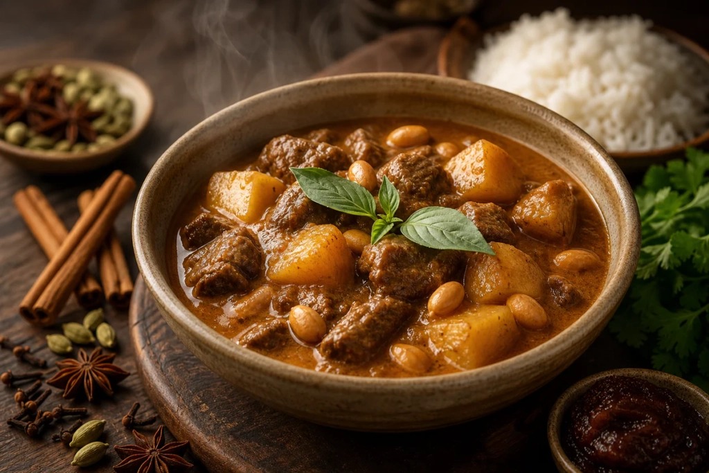 Bowl of Thai Massaman curry with beef, potatoes, and peanuts in rich coconut sauce, surrounded by whole warm spices including