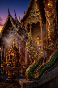 Vue crépusculaire mystique d'une cour de temple thaïlandais orné, avec une sculpture de naga aux écailles dorées et émeraudes