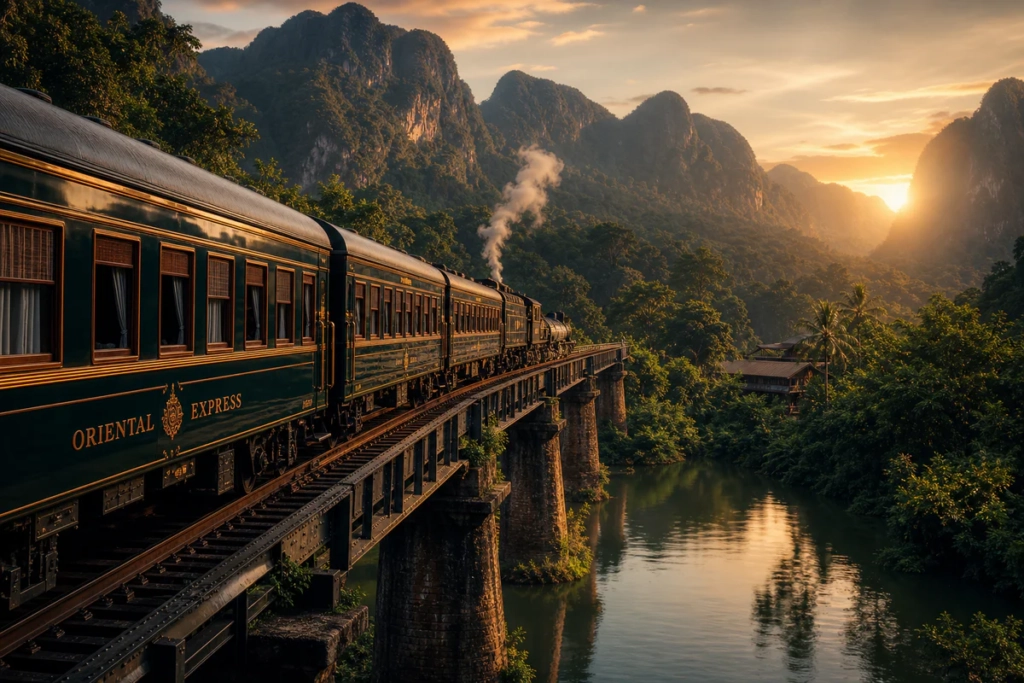 Luxury heritage train with emerald green carriages and brass details traveling through a tropical Southeast Asian landscape a