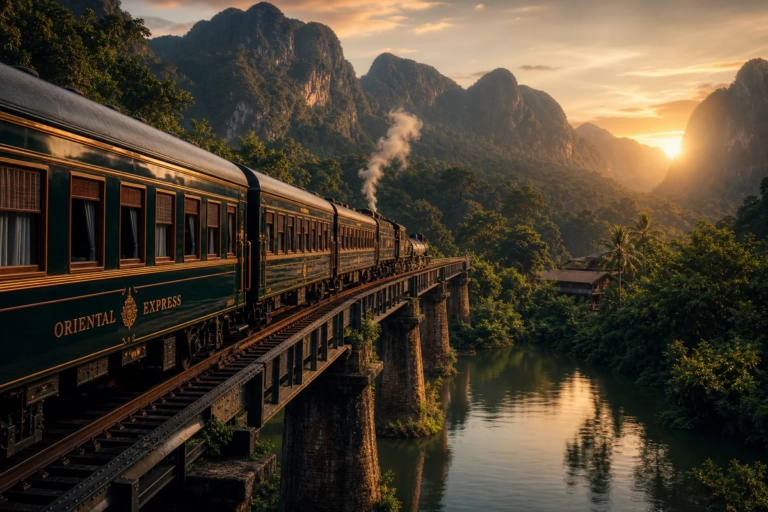 Luxury heritage train with emerald green carriages and brass details traveling through a tropical Southeast Asian landscape a