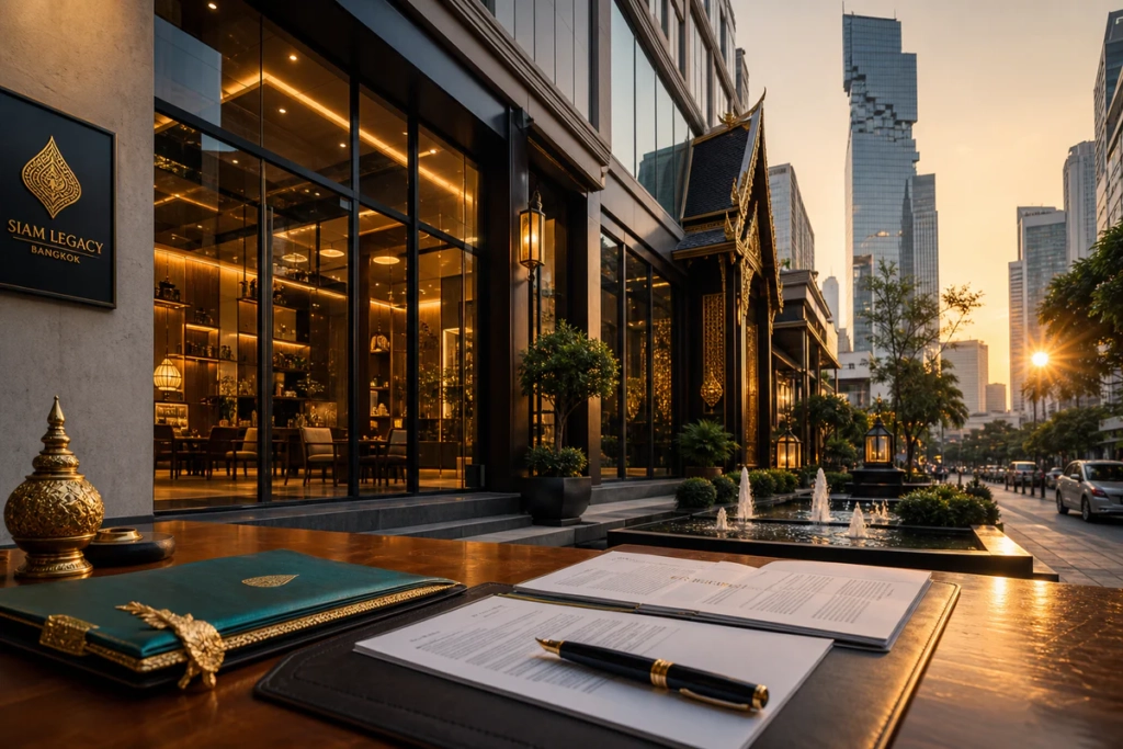 Modern Bangkok storefront with a wooden table displaying business documents and a Thai silk folder in the foreground, warm go