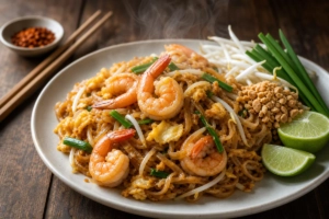 A professional overhead photograph of an authentic pad thai dish featuring stir-fried rice noodles with shrimp, egg, bean spr