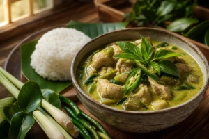 Bol de poulet à la pâte de curry vert thaïlandais (gaeng keow wan gai) avec riz jasmin et herbes fraîches, photographie culin