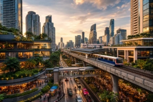 Vue panoramique de Bangkok mettant en scène ses quartiers aisés, leurs immeubles modernes, espaces verts, commerces élégants
