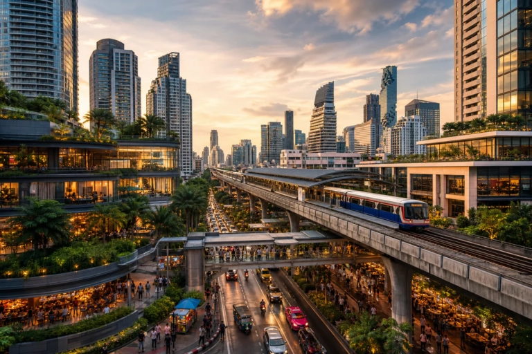 Vue panoramique de Bangkok mettant en scène ses quartiers aisés, leurs immeubles modernes, espaces verts, commerces élégants