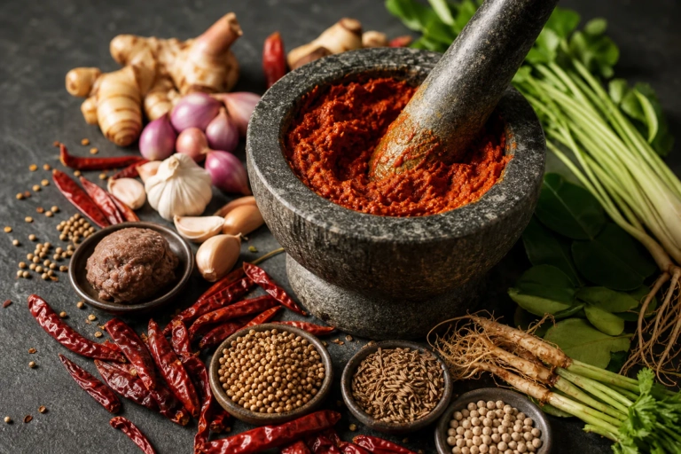 Overhead view of traditional stone mortar with freshly prepared Thai red curry paste, surrounded by raw ingredients including