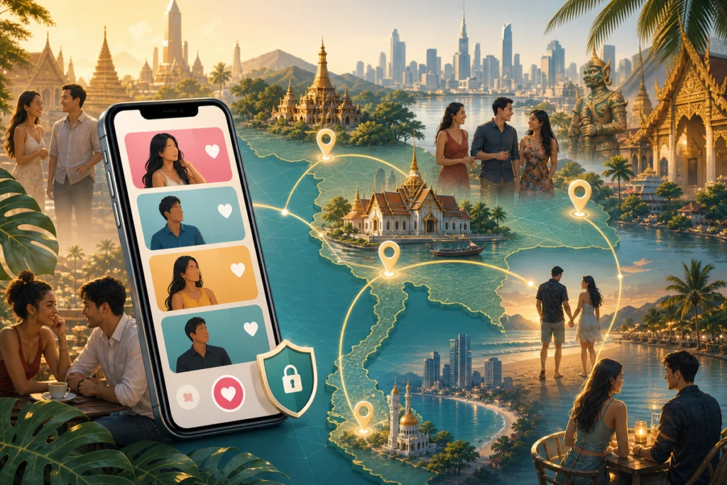 Illustration of a smartphone with abstract dating profiles connected to several cities in Thailand, representing free online