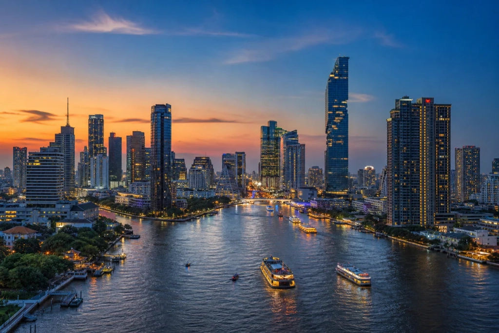 Panoramic blue-hour view of Bangkok's illuminated skyline beyond the Chao Phraya River
