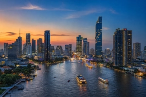 Panoramic blue-hour view of Bangkok's illuminated skyline beyond the Chao Phraya River