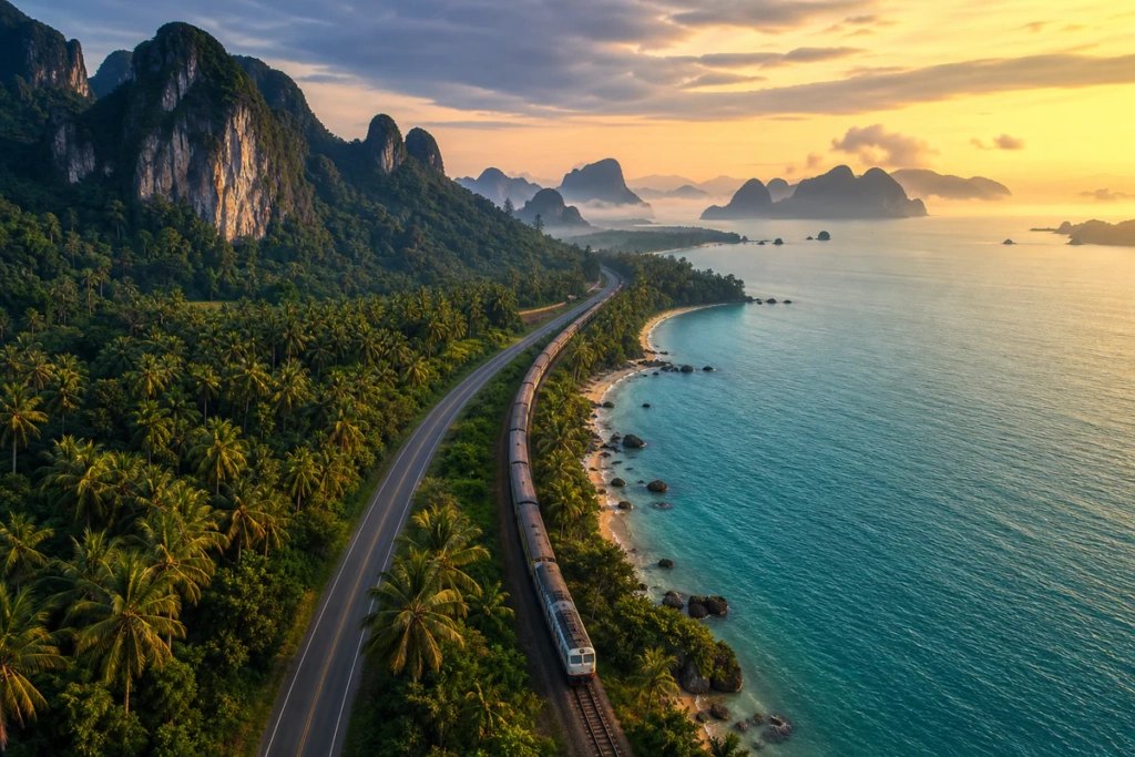 Vue aérienne cinématographique d'un train de nuit traversant un paysage tropical luxuriant d'Asie du Sud-Est entre la Thaïlan