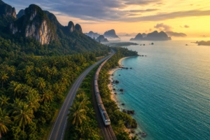 Vue aérienne cinématographique d'un train de nuit traversant un paysage tropical luxuriant d'Asie du Sud-Est entre la Thaïlan